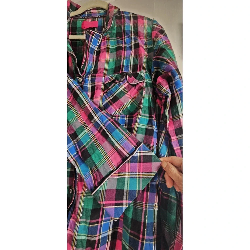Victoria's Secret 2pc set Pajamas metallic silver plaid‎ cotton button womens XL